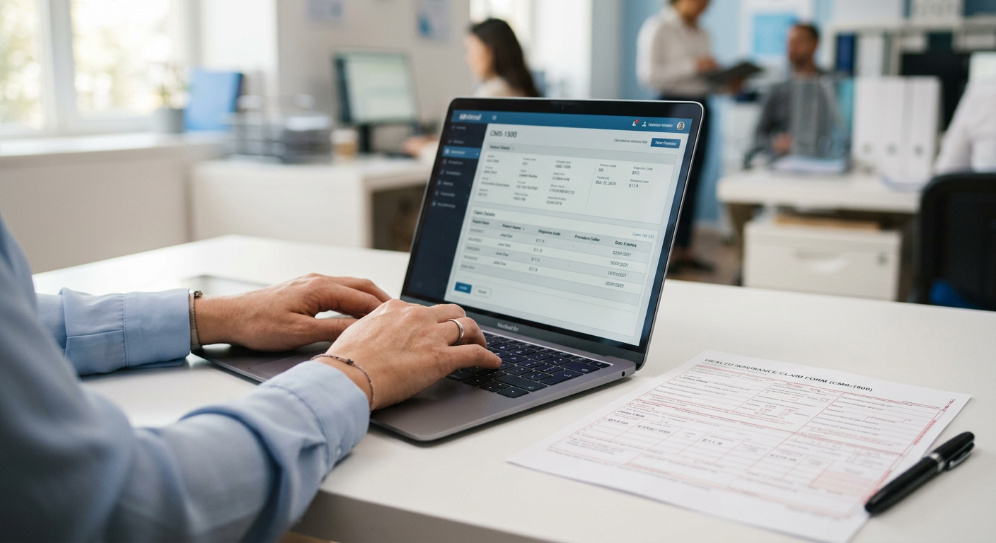 Billing specialist reviewing an insurance claim form beside a laptop